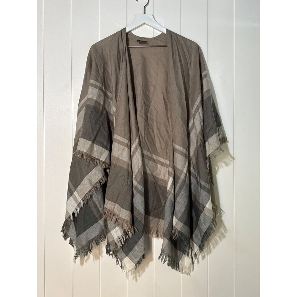 Lord & Taylor Womens Plaid Fringe Poncho Shawl Wrap Gray and Tan